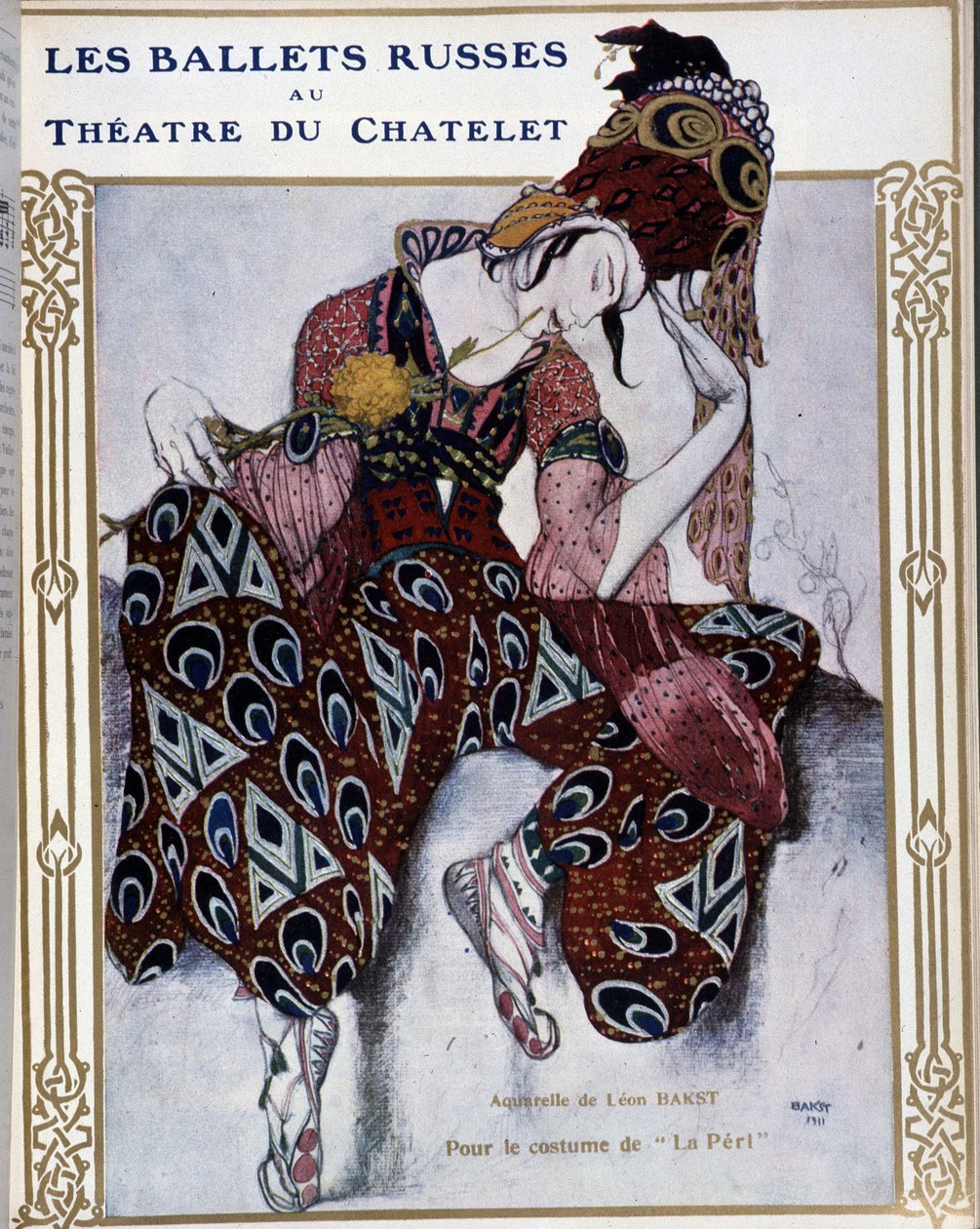 Les Ballets Russians au theater du Chatelet: kostym för "" La Peri"" - akvarell av Bakst, cov. i "" Comoedia illustrerad"" av Leon Bakst