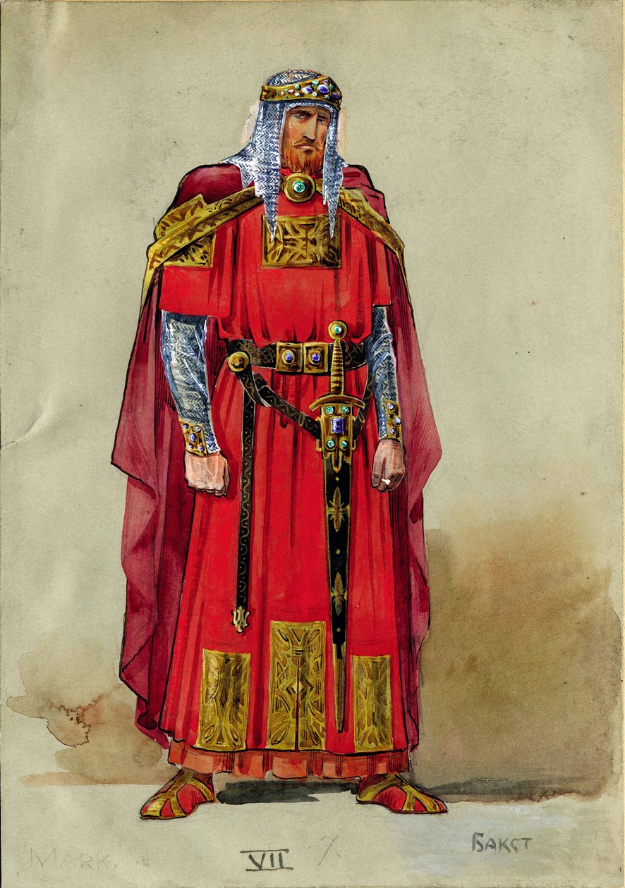 Medeltida prins, kostymdesign (akvarell och gouache på papper) av Leon Bakst