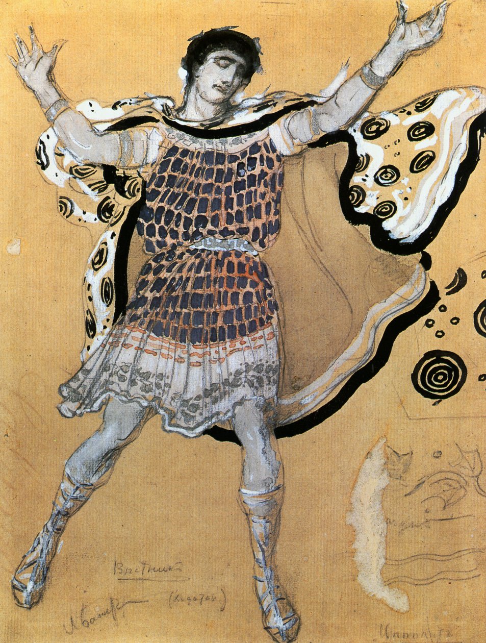 Messenger, kostymskiss till Euripides tragedi "Hippolyte" (akvarell, gouache, krita och silver på papper) av Leon Bakst