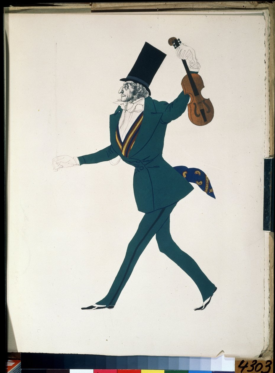 Niccolo Paganini (1782-1840), kostym för baletten ""The Magic Night"" av Frederic Chopin (1810-1849) (Niccolo Paganini, kostymdesign för baletten The Magic Night av F. Chopin). Teckning av Leon Bakst (1866-1924). Gouache och bläck på papper av Leon Bakst