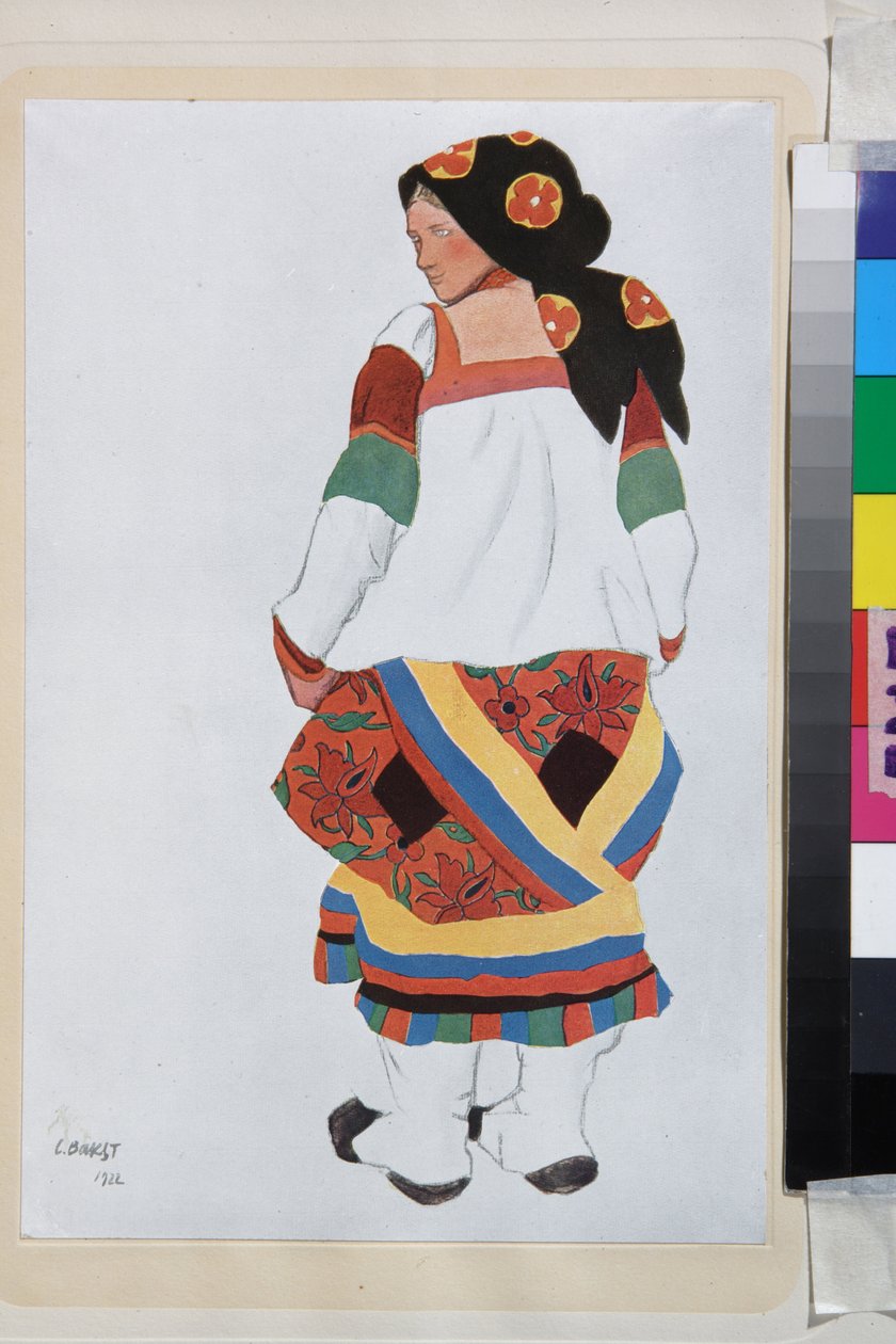 Bondekvinna, kostymdesign för Vaudeville Old Moskva, på Femina-teatern, Paris (Frankrike) - Verk av Leon Bakst (1866-1924), litografi 1922 - (Bondekvinna, Kostymdesign för Vaudeville Old Moscow, på Theatre Femina i Paris, av Leon Bakst (1866-1 av Leon Bakst