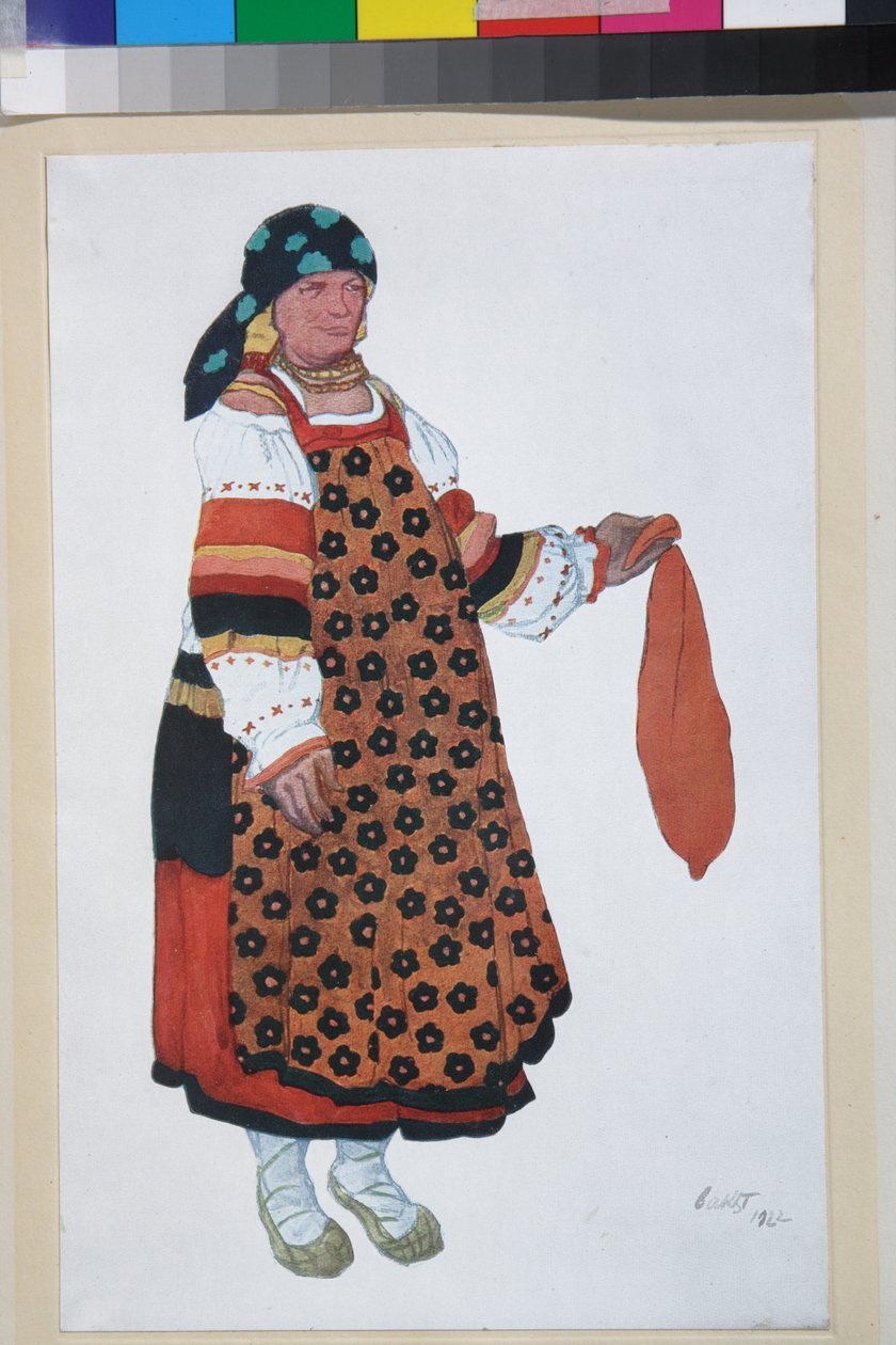 Bondekvinna, kostymdesign för Vaudeville Old Moskva, på Teater Femina i Paris av Leon Bakst
