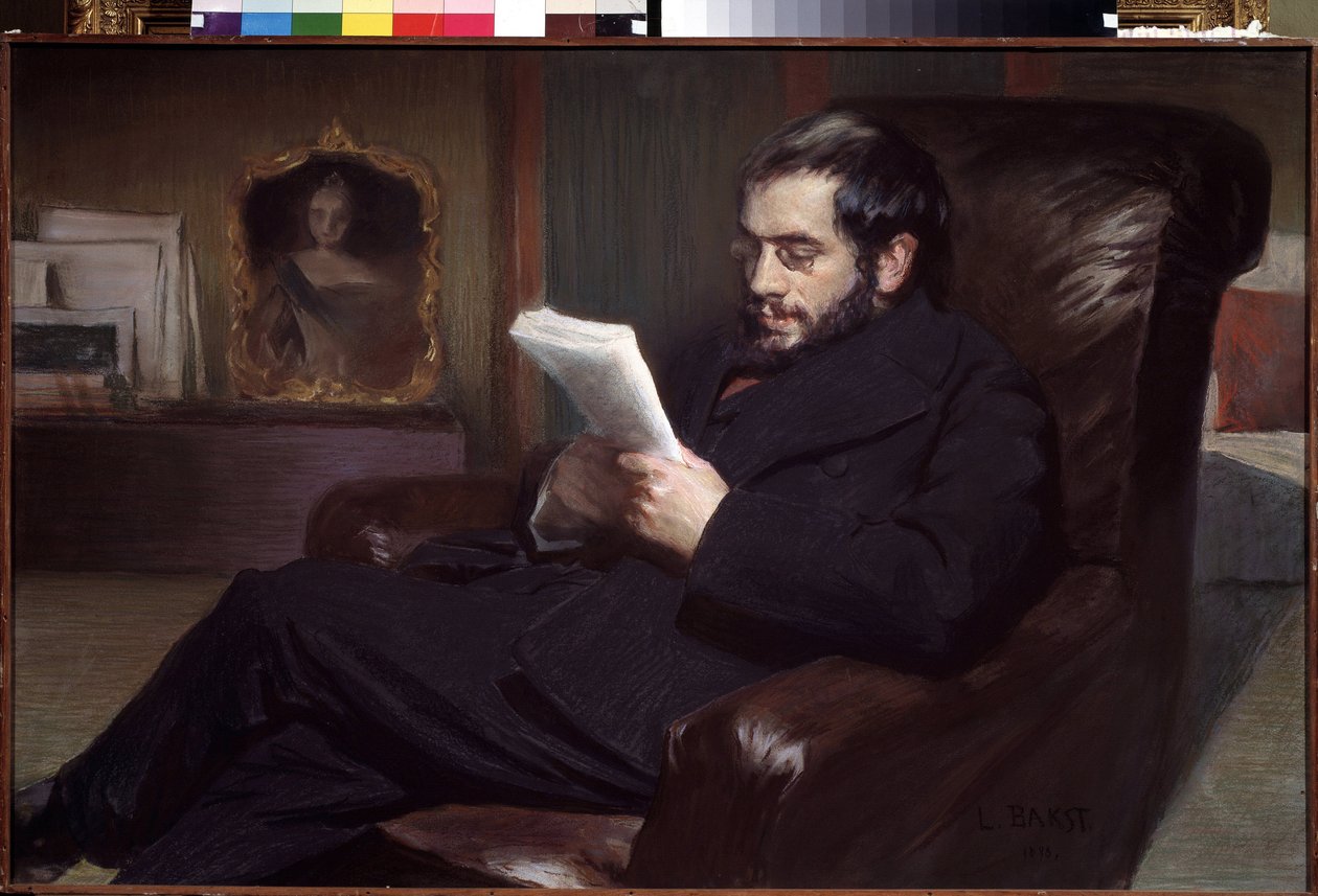 Porträtt av konstnären Alexander Benois (1870-1960) (Porträtt av konstnären Alexandre Benois). Teckning av Leon Bakst (1866-1924). Akvarell och pastell på papper, 64,5 x 100,3 cm av Leon Bakst