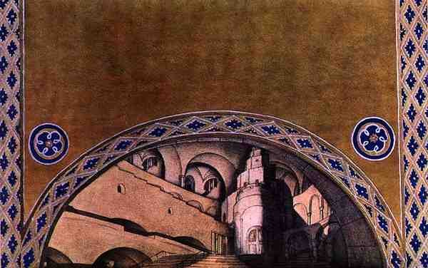 Landskapsdesign för martyren av St. Sebastian, ca 1911-22 (färg litho) av Leon Bakst