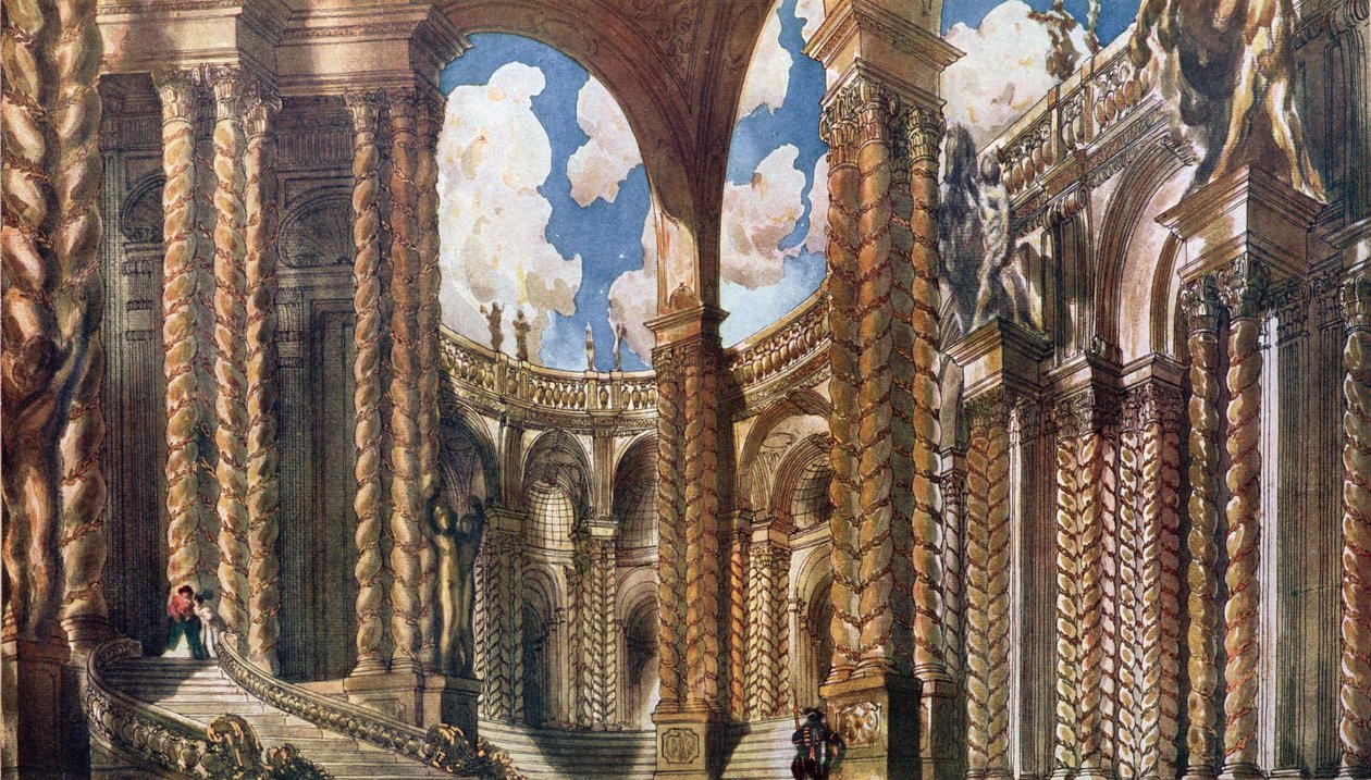 Landskapsdesign för trolovningen, från Törnrosa, 1921 av Leon Bakst