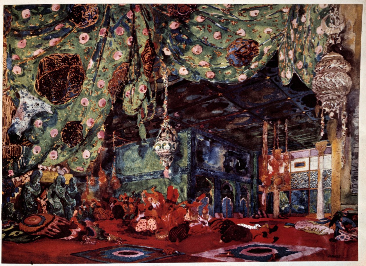 Scenografi av Leon Bakst (1866-1924), rysk målare och dekoratör för operan "Scheherazade" (Sheherazade) av Nicholas (Nikolai) Rimski Korsakov (Rimski-Korsakov) (1844-1908). av Leon Bakst