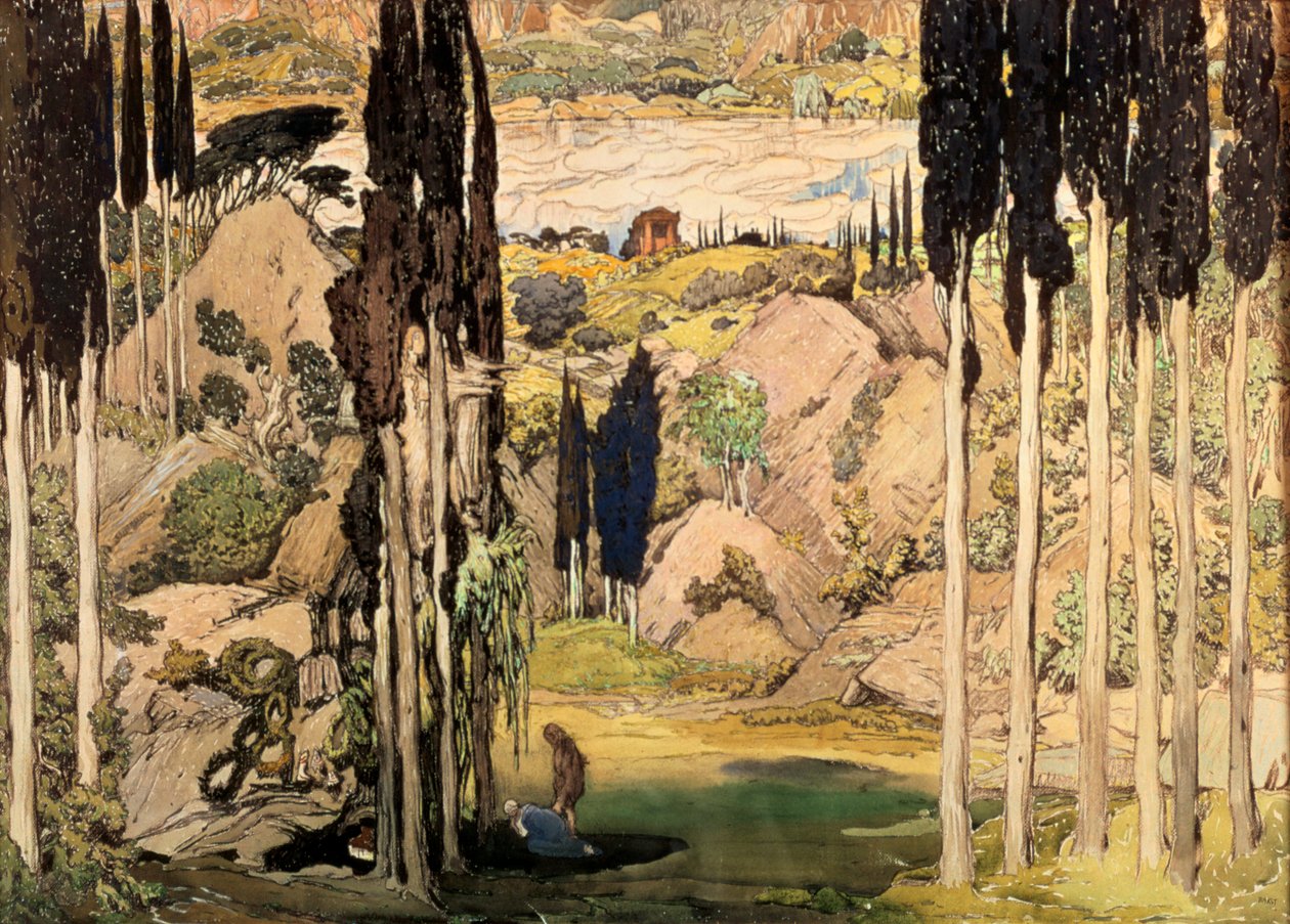 Scenografi för akt II av en Ballet Russes-produktion av Ravels Daphnis och Chloe, 1912 av Leon Bakst