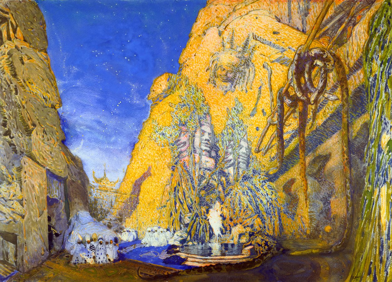 Scenografi för en Ballets Russes-produktion av Le Dieu Bleu The Blue God, 1911 av Leon Bakst