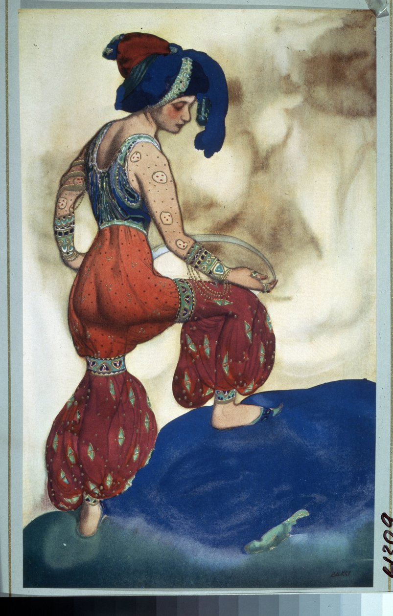 Sultan, kostym för baletten ""Sheherazade"" av Nicolas (Nikolai) Rimski Korsakov (Rimski-Korsakov) (1844-1908) från Efter sagorna om tusen och en natt. prinsessa av N.Rimsky Korsakov (Rimsky-Korsakov). Teckning av Leon Baxt (1866-1924). Gouache och guld av Leon Bakst