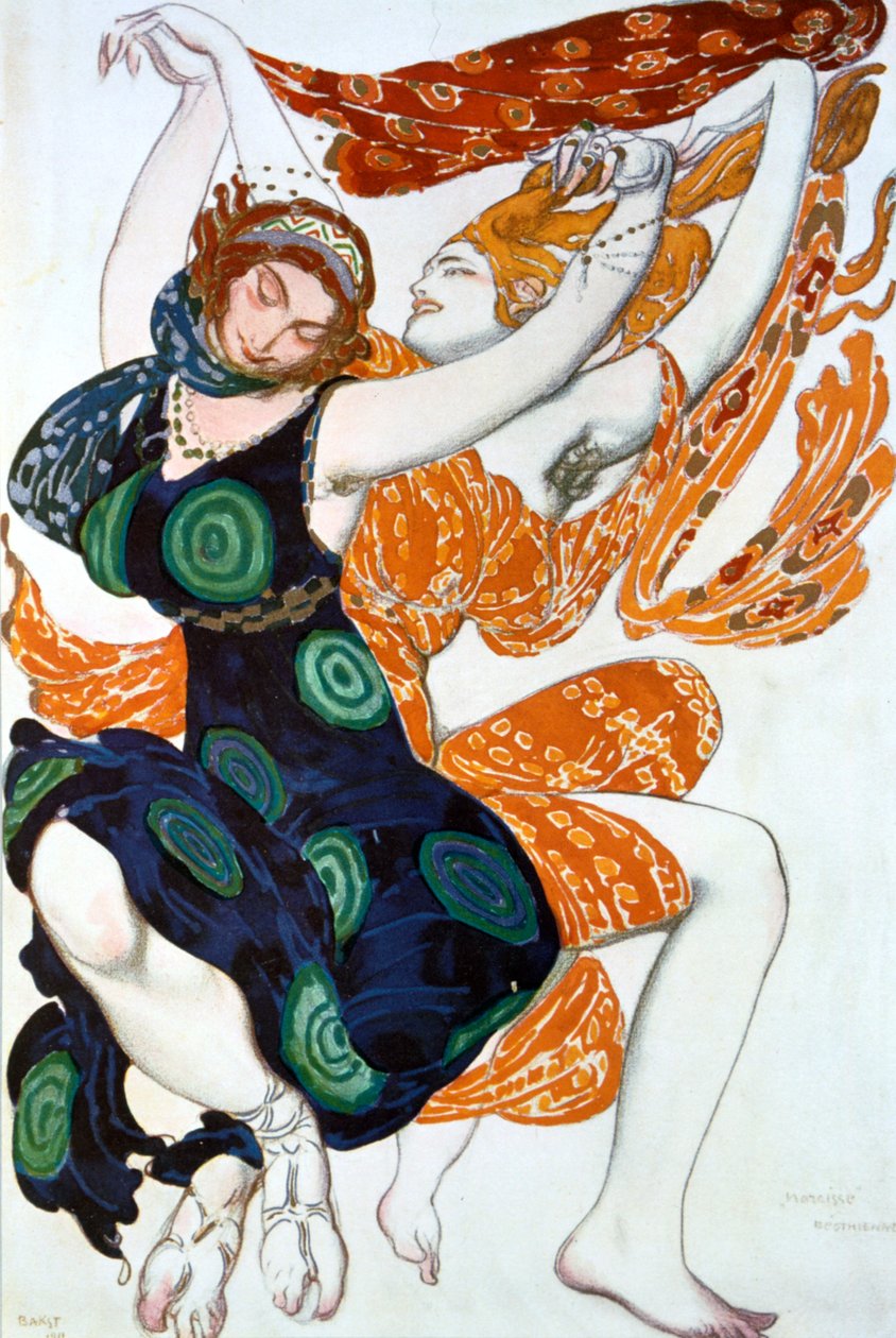 Two Bacchantes, kostymdesign för en Ballets Russes-produktion av Tcherepnins Narcisse, 1911 av Leon Bakst
