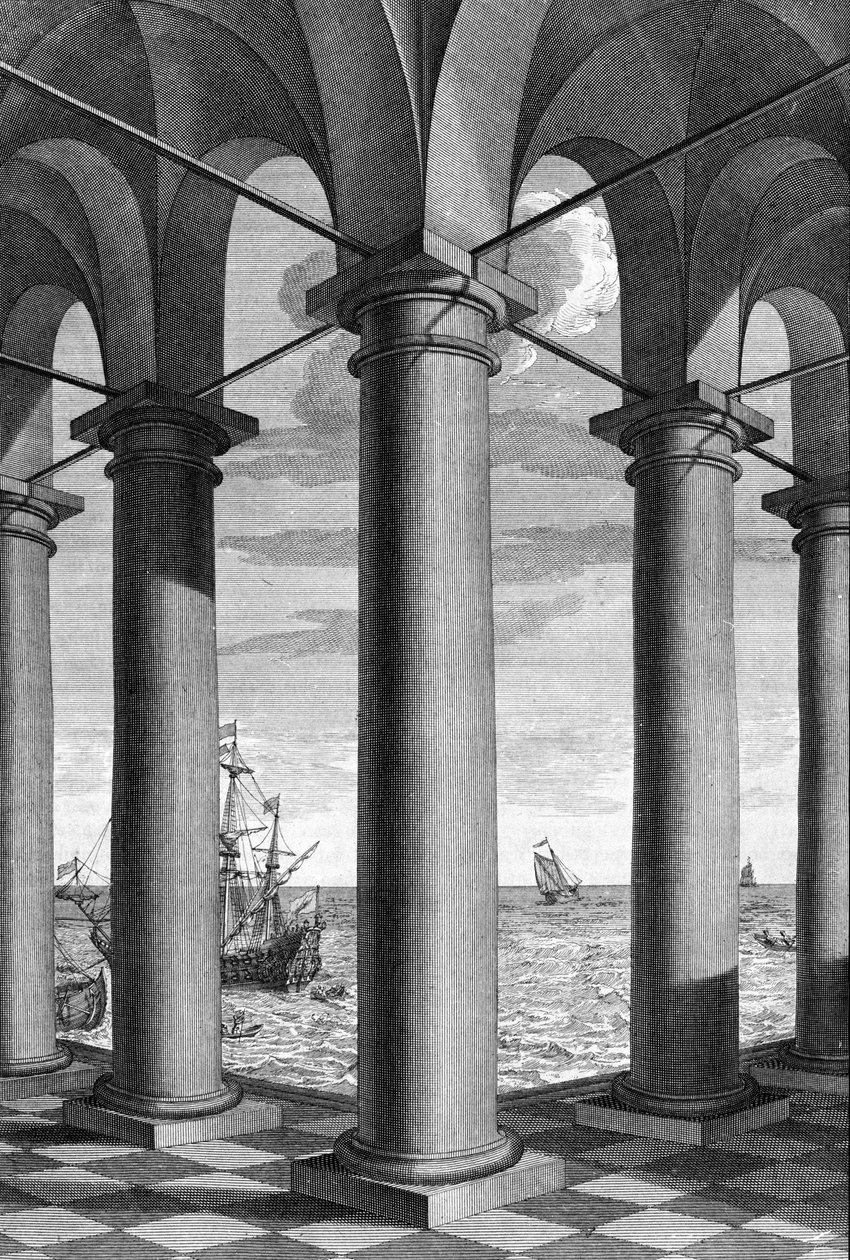 När det gäller arkitektur framträder ett maritimt landskap bakom en byggnad som stöds av arkader: en tavla ritad från "De Architectura Libri decem" av Leon Battista Alberti (1404-1472), arkitekt, matematiker, italiensk poet från renässansen, London av Leon Battista Alberti