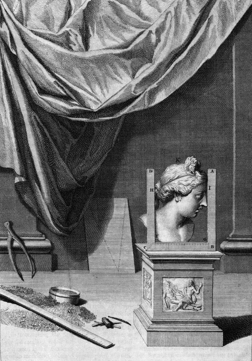 Behandlingar om arkitektur, en byst av en klassisk staty och arkitektoniska verktyg: tavlan hämtad från "" De Architectura Libri decem"" av Leon Battista Alberti (1404-1472), arkitekt, matematiker, italiensk poet från renässansen, London av Leon Battista Alberti