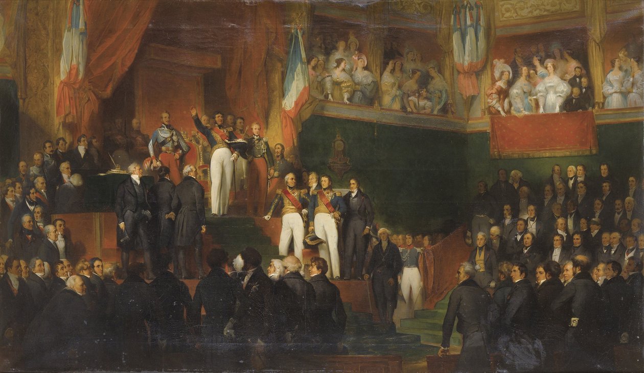 LOUIS-PHILIPPE (1773-1850) AVGÅR ED ATT UPPFÄLLA 1830 års stadga I KAMMARNAS NÄRVARO, 9 AUGUSTI 1830 målning av LeON-JEAN-BASILLE PERRAULT OCH HANS STUDIO - som Louis-Philippe I. Kammarkollegiet den 9 augusti 1830 pa av Leon Bazile Perrault
