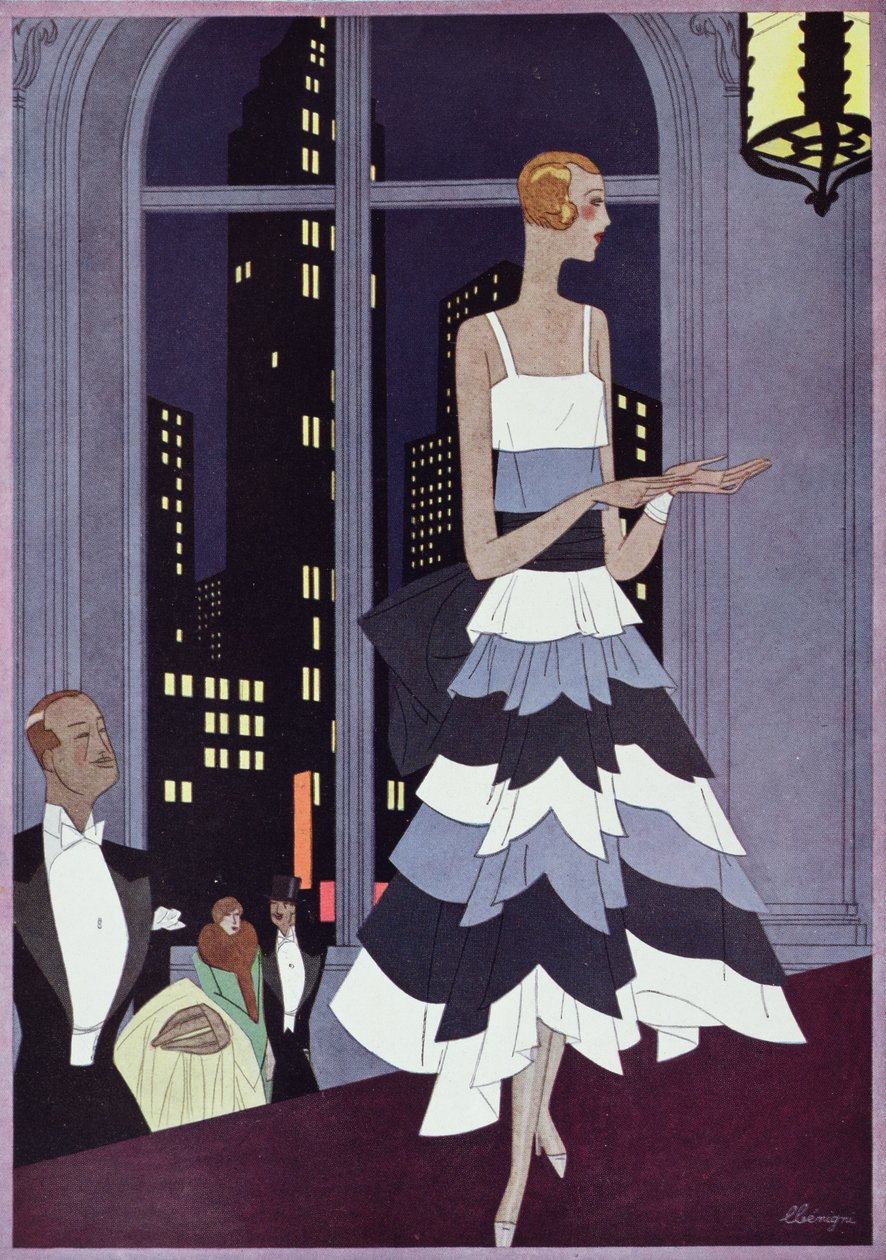 Under the Eyes of New York Skyscrapers, modetavla från tidningen "Femina", december 1928 (litho i färg) av Leon Benigni
