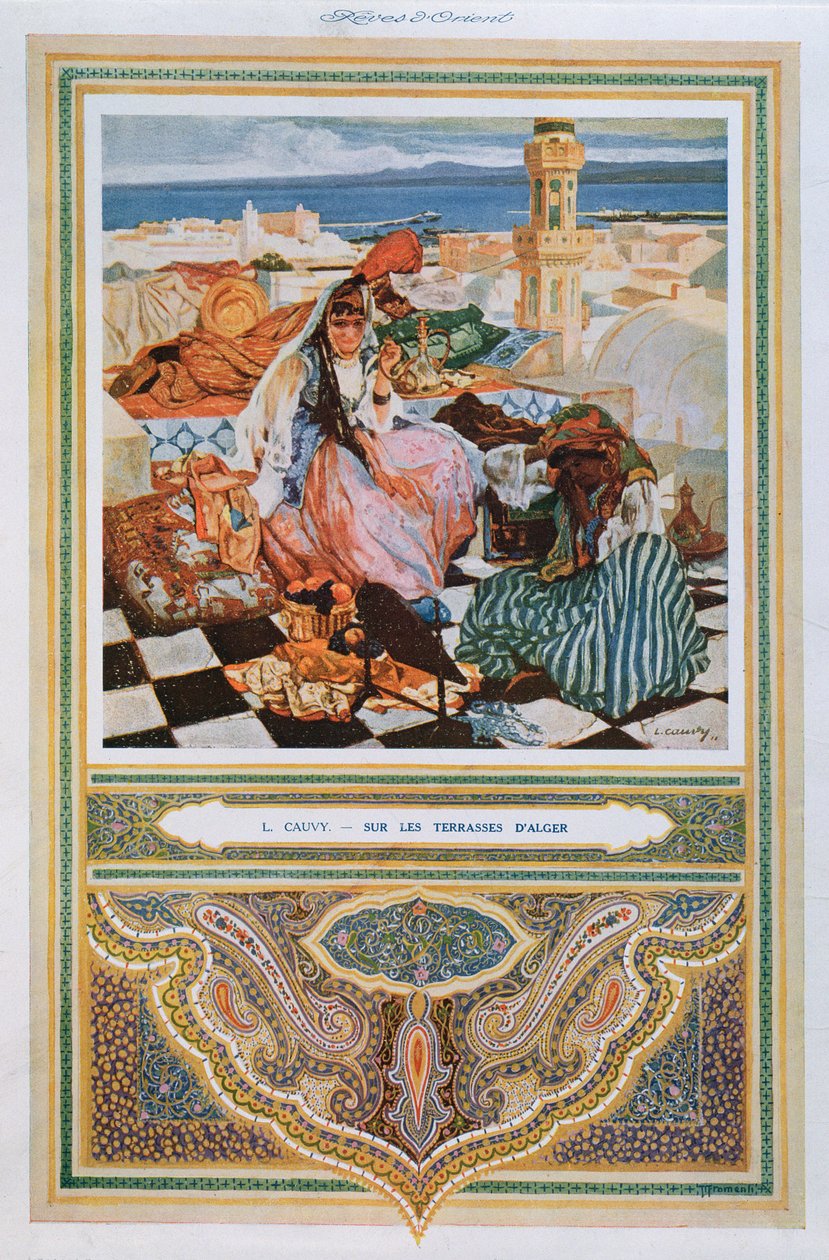 Kvinna som röker en Shisha (vattenpipa) på en terrass i Alger, ca 1900 9colour litho) av Leon Cauvy