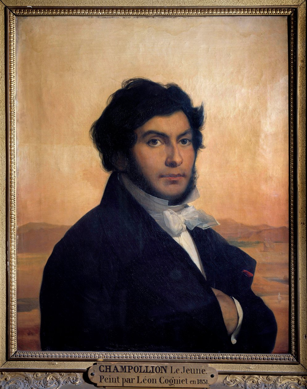 Porträtt av Jean-Francois (Jean Francois) Champollion (1790-1832), fransk egyptolog, dechiffrera av hieroglyfer. Målning av Leon av Léon Cogniet