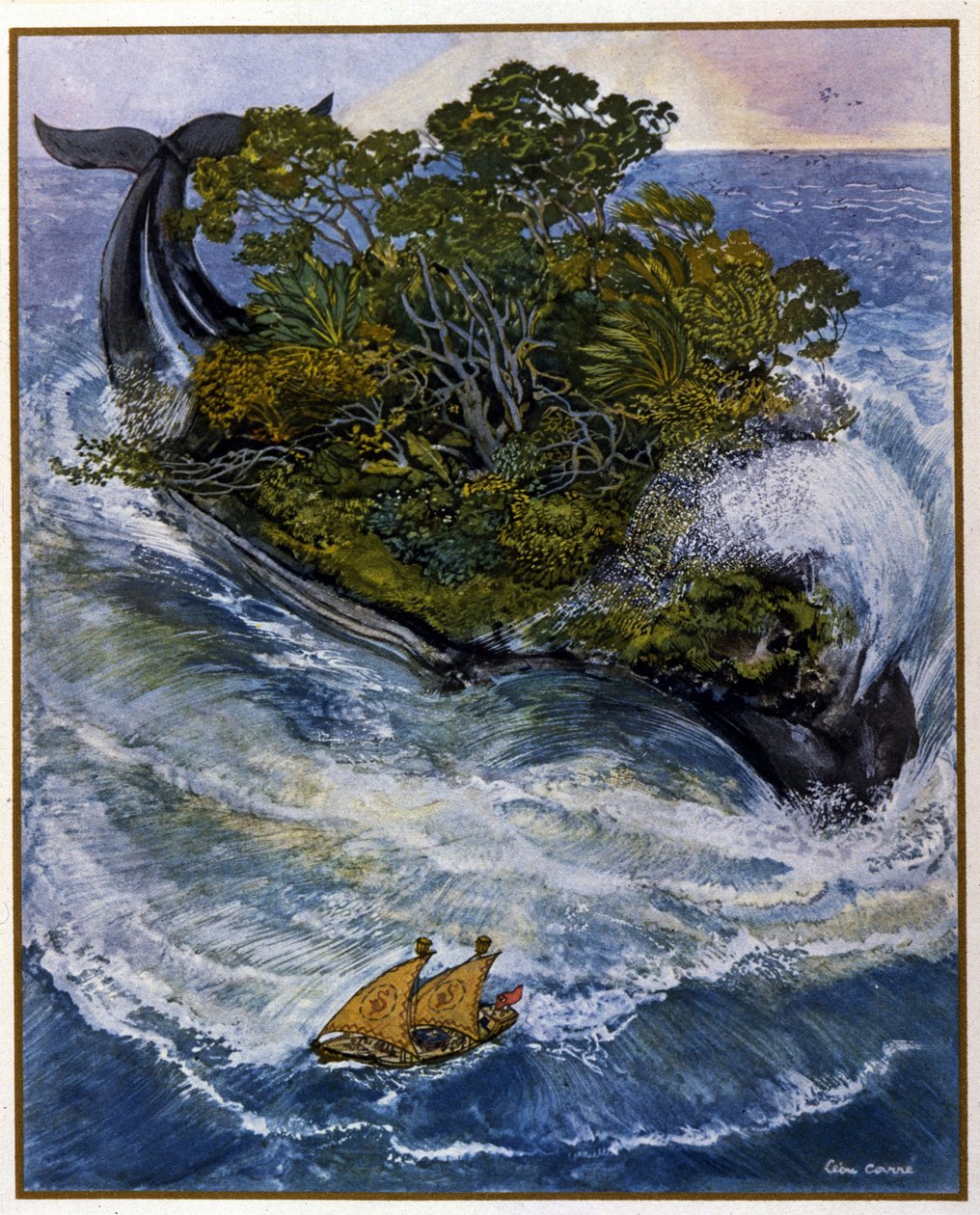 Äventyren av sjömannen Sinbad (Sindbad). Från sagorna om 1001 nätter (Tales of Thousand One Nights). Illustration av Léon Carre (1878-1942) av Leon Georges Carre