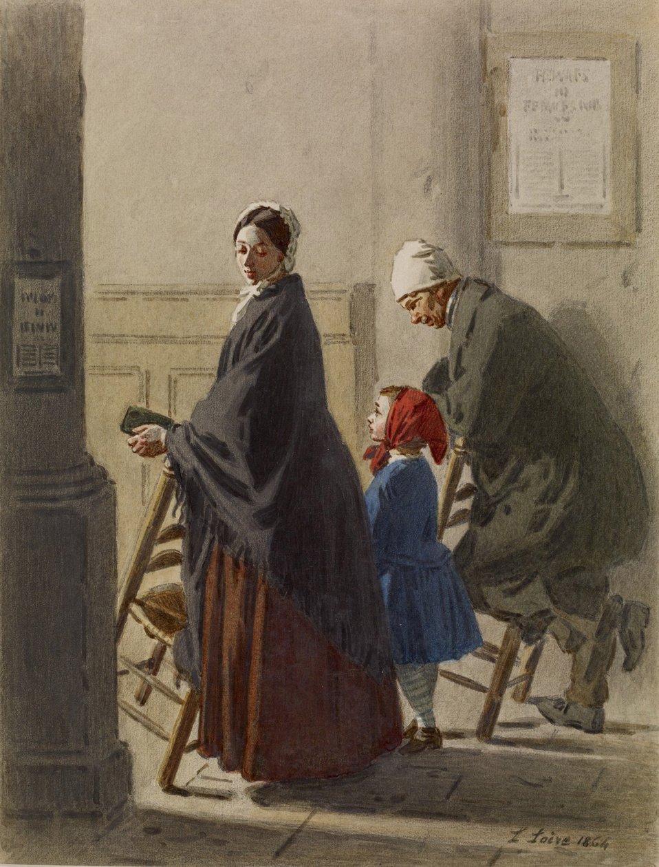 Man, kvinna och flicka vid bön i kyrkan, 1864 (wc och grafit på papper) av Leon Henri Antoine Loire