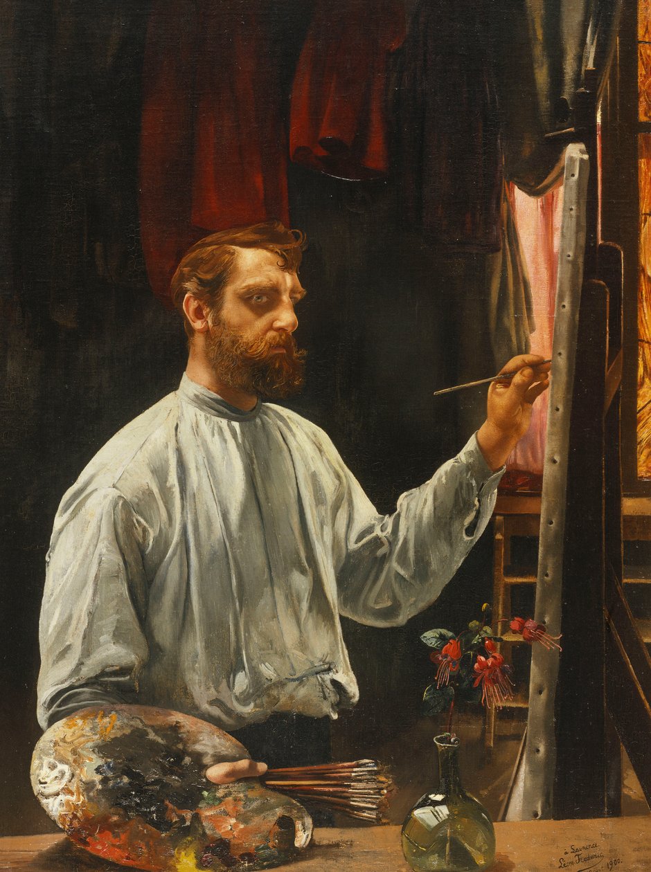 Porträtt av Leon Frederic, Stående halvlängd vid hans staffli, 1900 av Leon Henri Marie Frederic