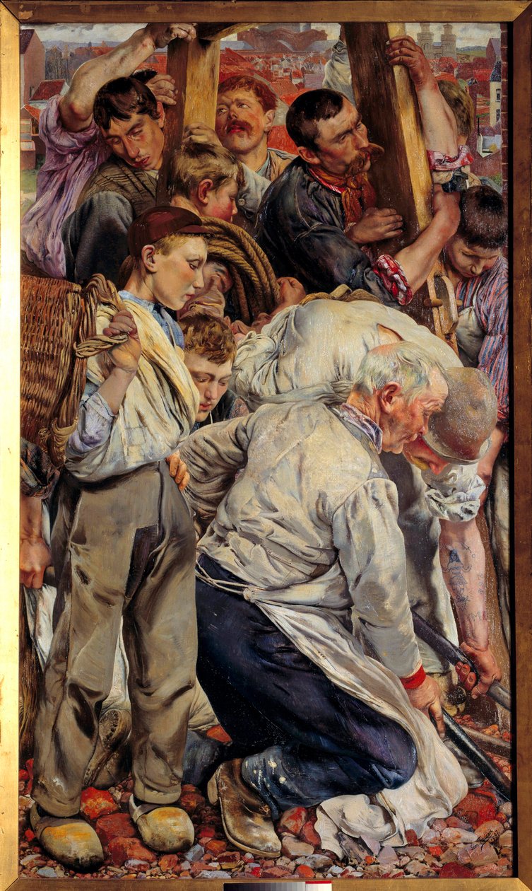 Socialrealism: "" Arbetarens åldrar"" Vänster del av en triptyk av Leon Henri Frederic (1856-1940) (ec.belg) 1897 Sön. 1,63x0,94 m Paris, musee d