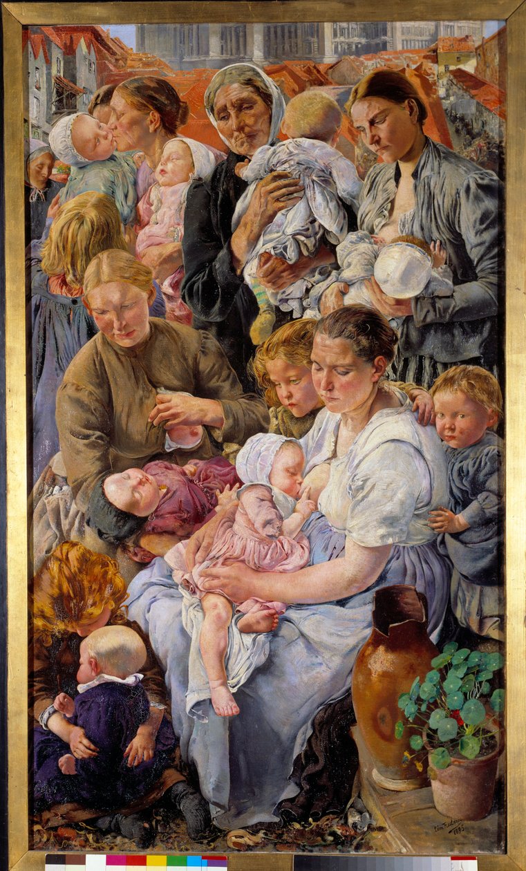 Socialrealism: "" Arbetarens åldrar"" Höger del av en triptyk av Leon Henri Frederic (1856-1940) (ec.belg) 1895 Sön. 1,63x0,94 m Paris, Musee d