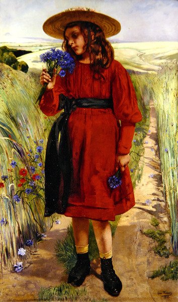 Vår eller, ung flicka med blåklint (olja på duk) av Leon Henri Marie Frederic