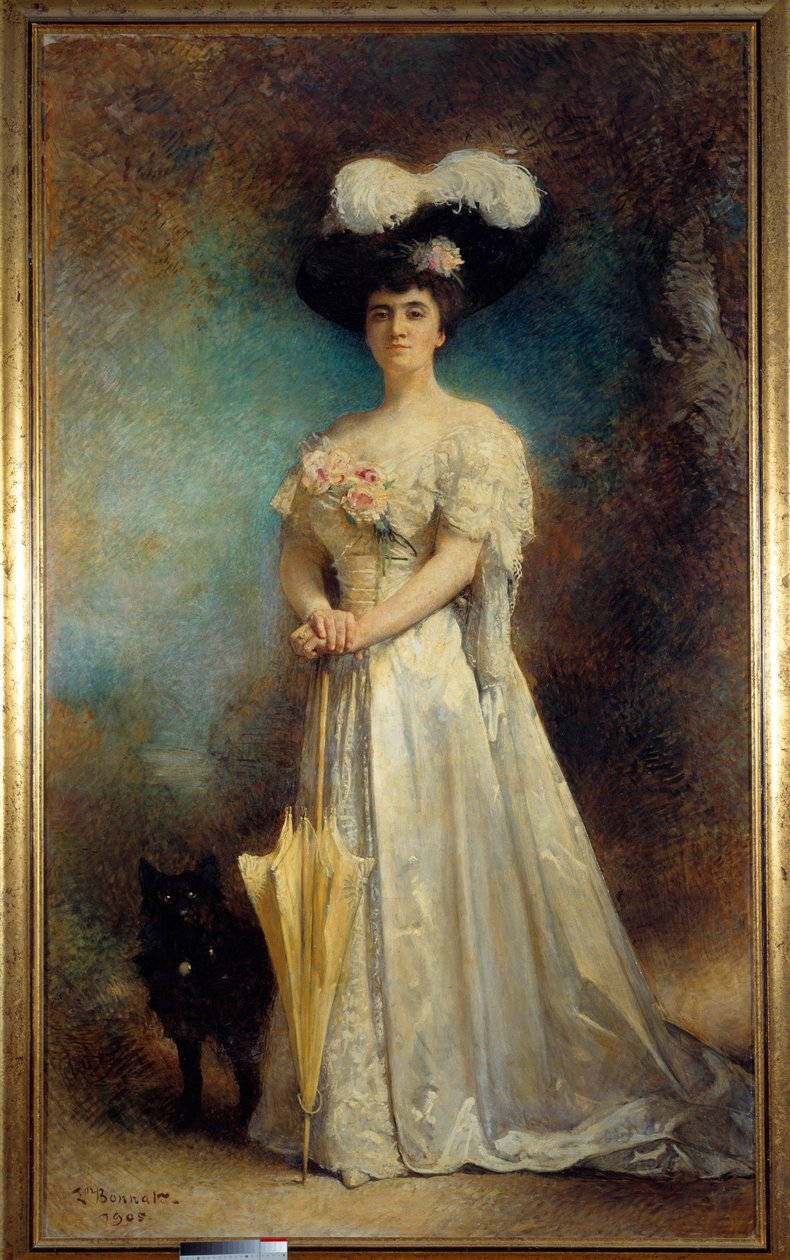 Hellängdsporträtt av Madame Maurice Pascal och hennes hund Tiny Painting av Leon Joseph Bonnat (1833-1922) 1905 Sön. 2,17x0,9 m Pau, konstmuseum - Hellängdsporträtt av Madame Maurice Pascal och hennes hund, Tiny. Målning av Leon Joseph Bonnat (1833-19 av Leon Joseph Florentin Bonnat