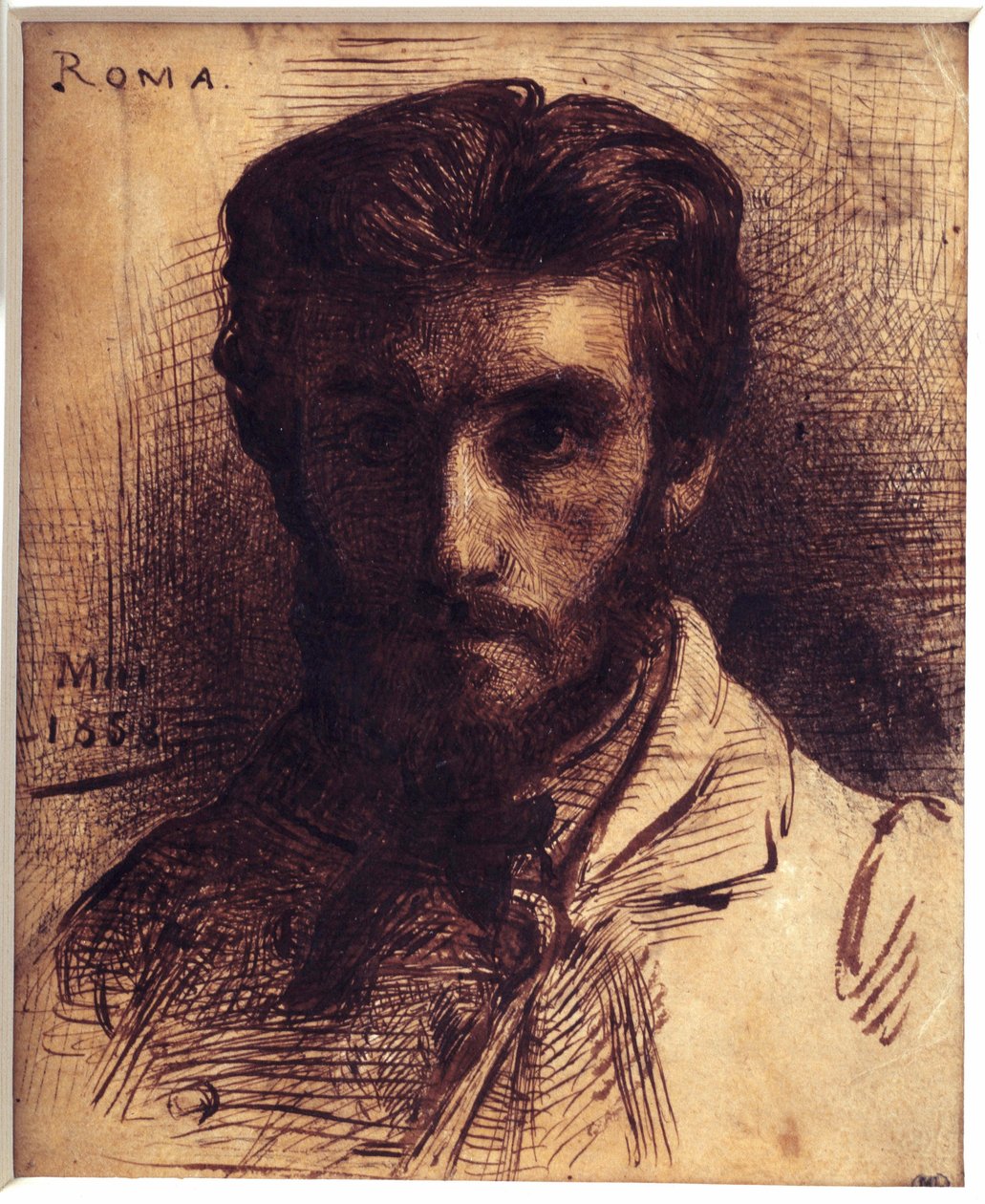 Självporträttteckning med penna, tvätt och bläck av porslin av Leon Joseph Bonnat (1833-1922). maj 1858. Dim. 0,18 x 0,14 m. Paris, Musée d
