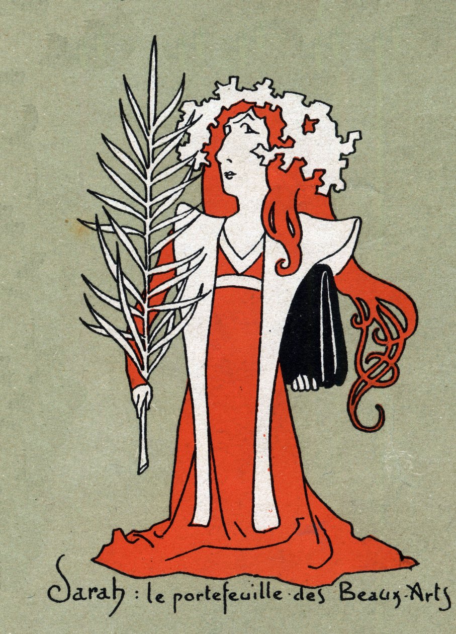 Tecknad av Henriette Rosine Bernard dit Sarah Bernhardt (1844-1923) som en portfölj av skön konst - Illustration av Leon Lebegue (1863-1944) - Gravyr i "" Le sun-du-dimanche" av Leon Lebegue