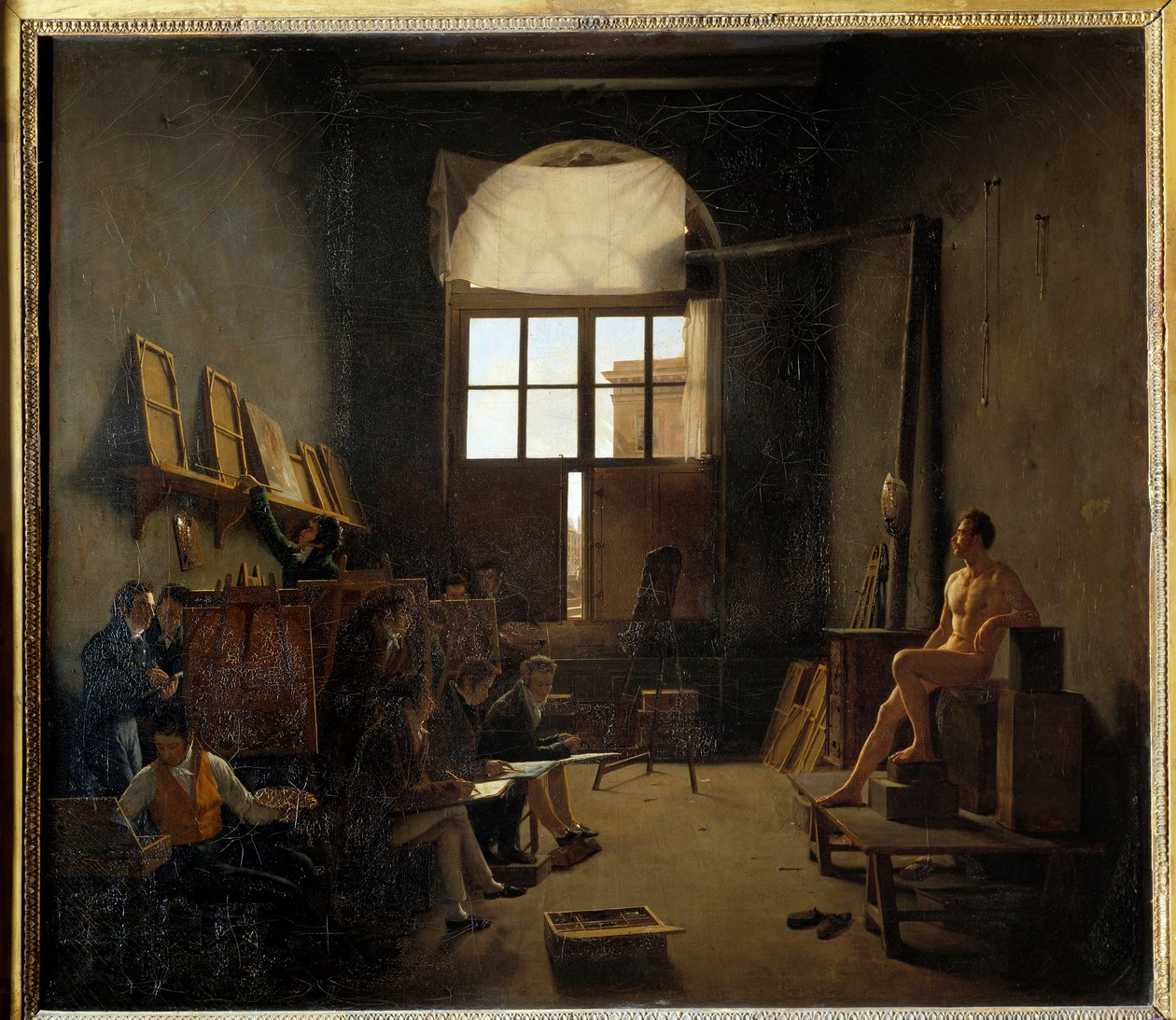 Interiör av Davids ateljé vid College of Four Nations 1814 (nuvarande Institut de France). Målning av Mathieu Cochereau (1793-1817) av Leon Mathieu Cochereau