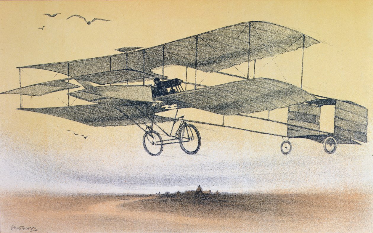En flygning av bröderna Farman före 1914 (litho i färg) av Leon Pousthomis