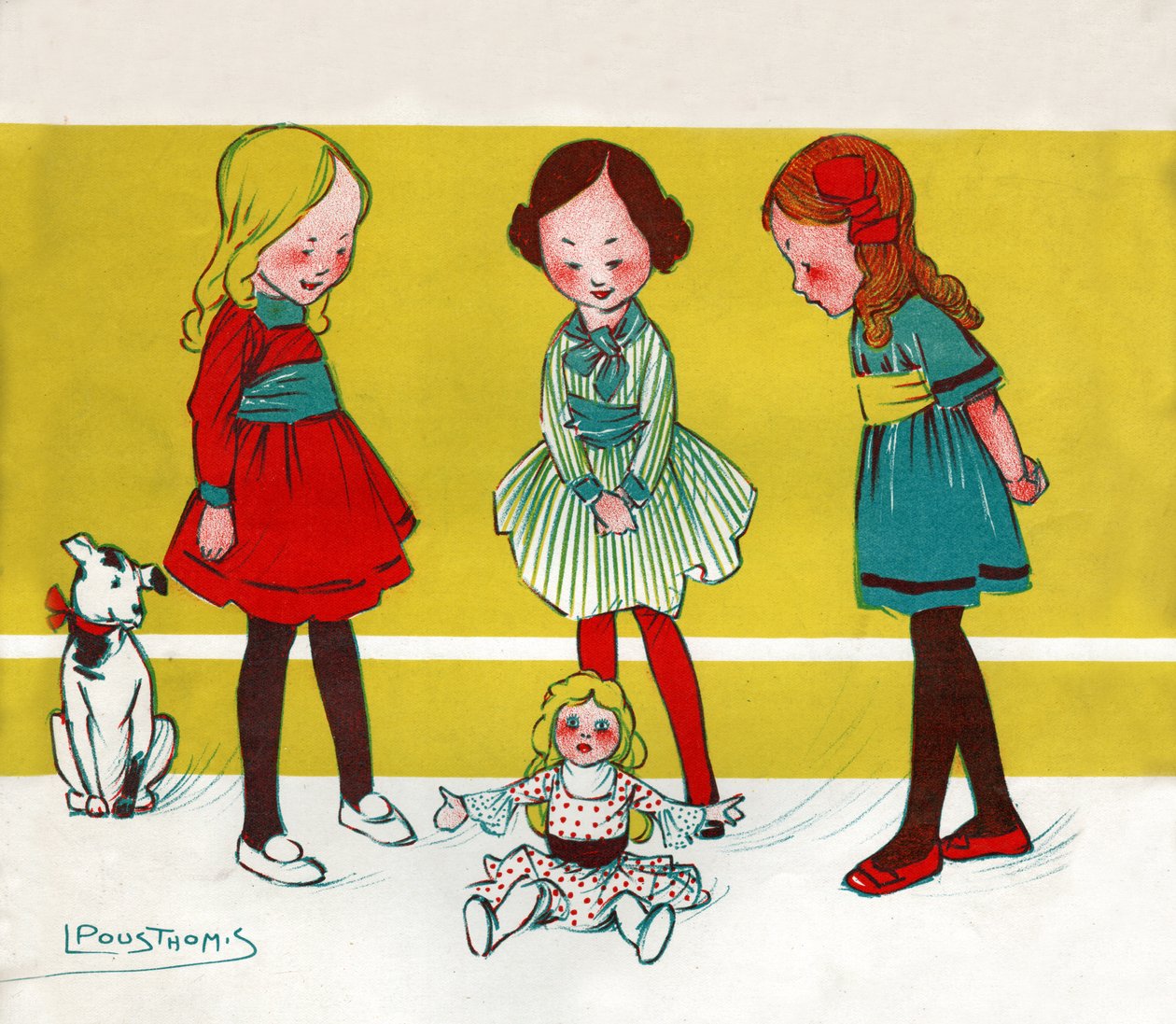 Flickor som leker dockor. (Illustration,; ca 1910) av Leon Pousthomis
