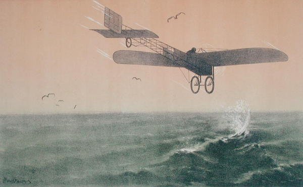 Louis Bleriot (1872-1936) korsade Engelska kanalen för första gången med flyg den 25 juli 1909, ca 1910 (färg litho) av Leon Pousthomis