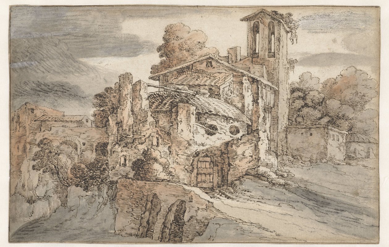 Kyrka och antika ruiner i Italien av Leonaert Bramer (attributed to)