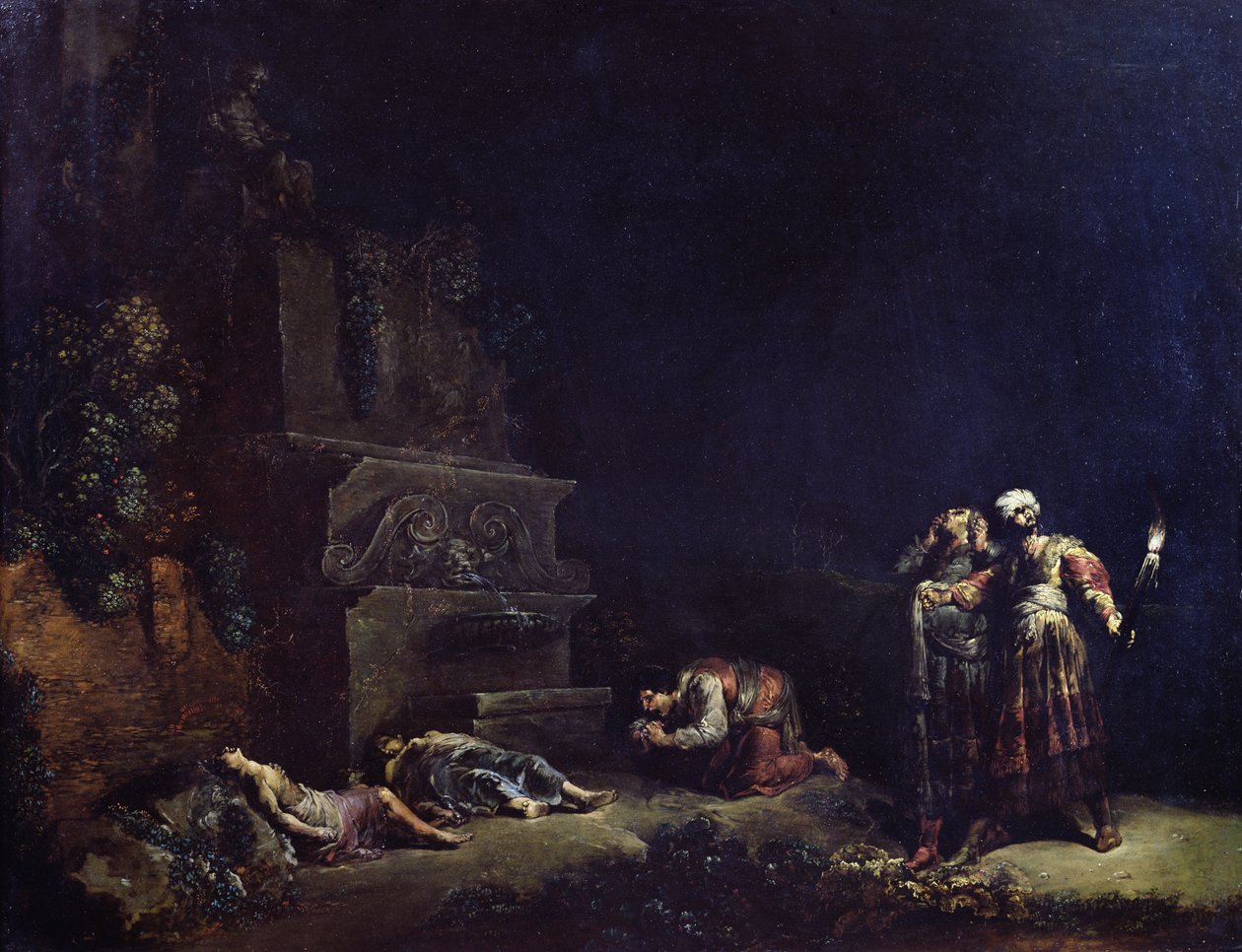 Upptäckten av Pyramus och Thisbes kroppar, ca 1630-35 (olja på koppar) av Leonard Bramer