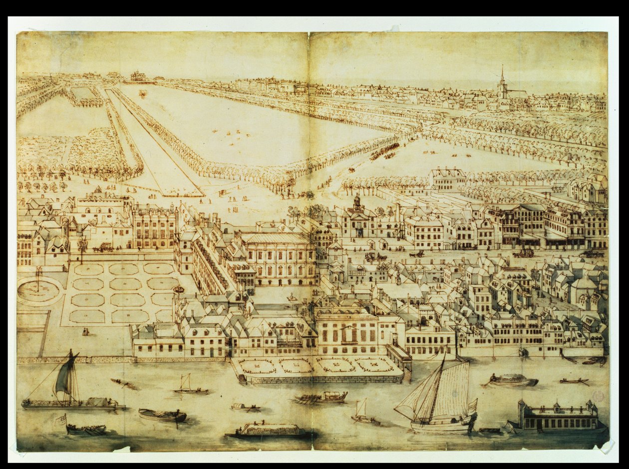 En fågelvy över Whitehall Palace, ca 1695 (bläck och tvätt på papper) av Leonard Knyff