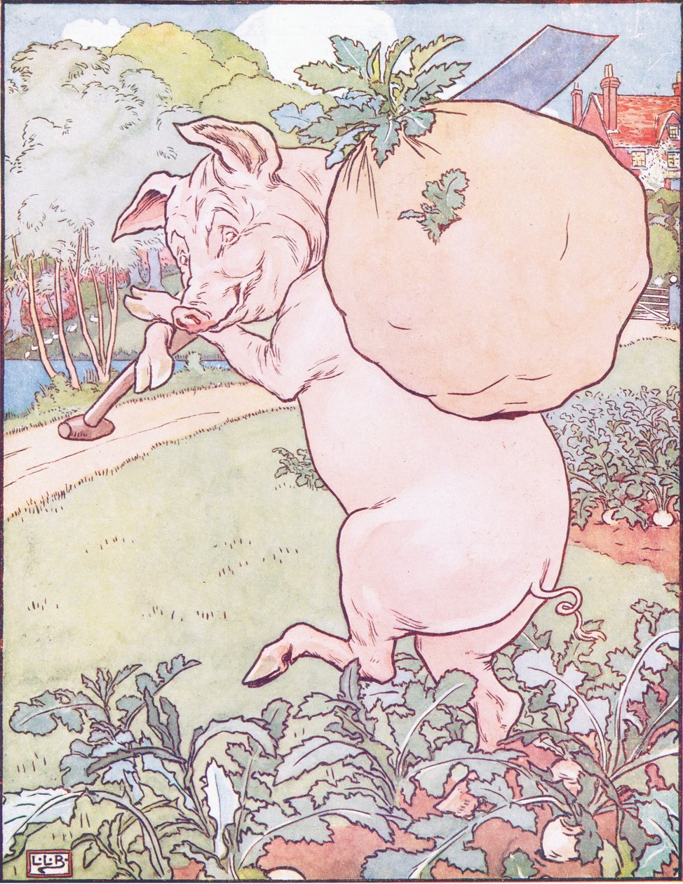 Den lilla grisen gick upp klockan fem och tog rovorna. av Leonard Leslie Brooke