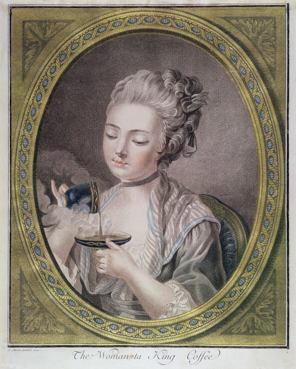 Kvinnan som tar kaffe, ca 1774 (gravyr med krita, färgad och förhöjd med guld) av Leonardo Marini