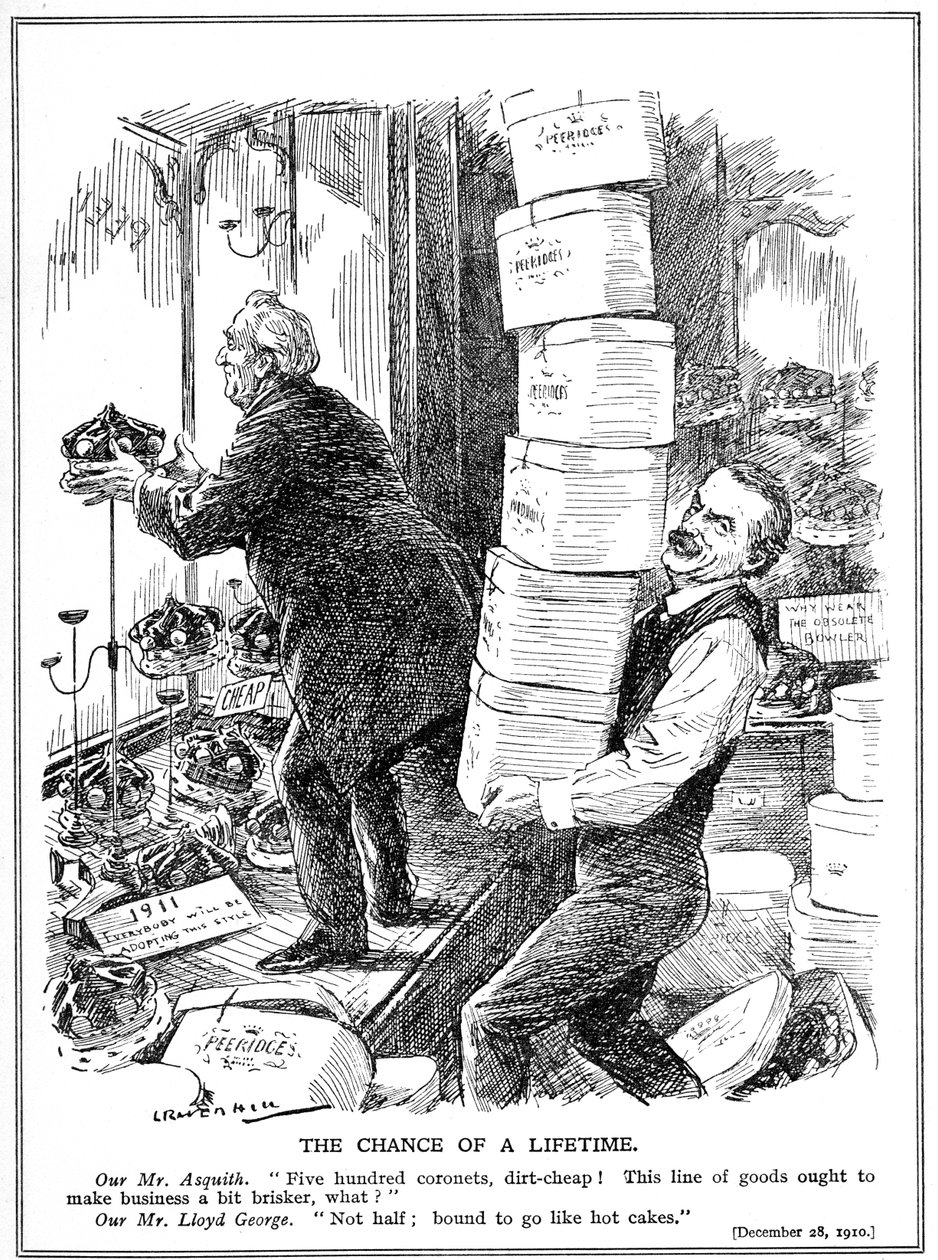 Asquith och Lloyd George förbereder sig på att skapa ytterligare 500 kamrater för att övervinna överhusets motstånd mot reformer, 1910 av Leonard Raven Hill