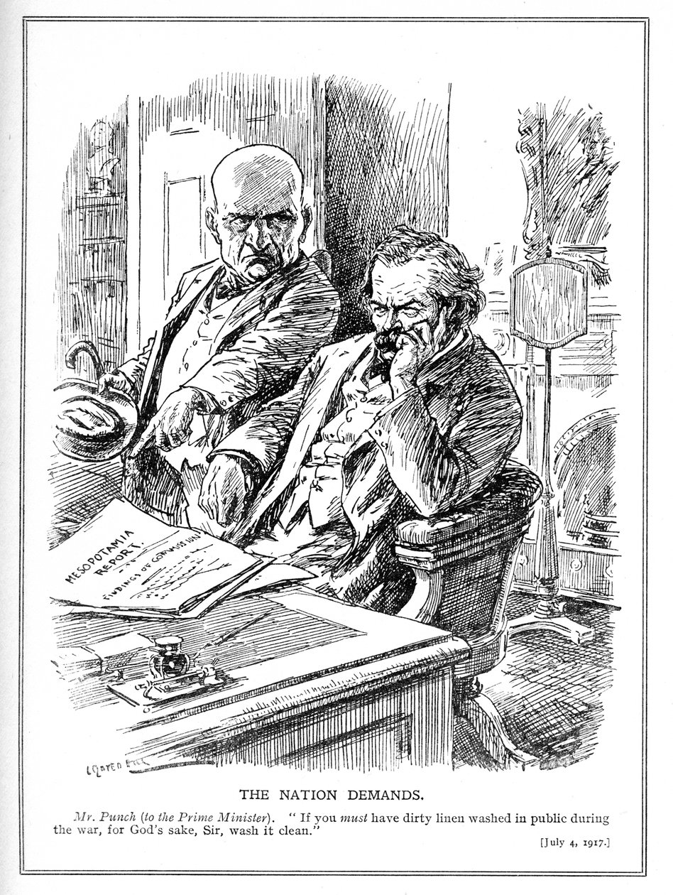 LLoyd George tillrättavisas av mr Punch för rapporten om den brittiska invasionen av Irak (Mesopotamien) 1914, teckning från tidningen Punch, juli 1917. av Leonard Raven Hill