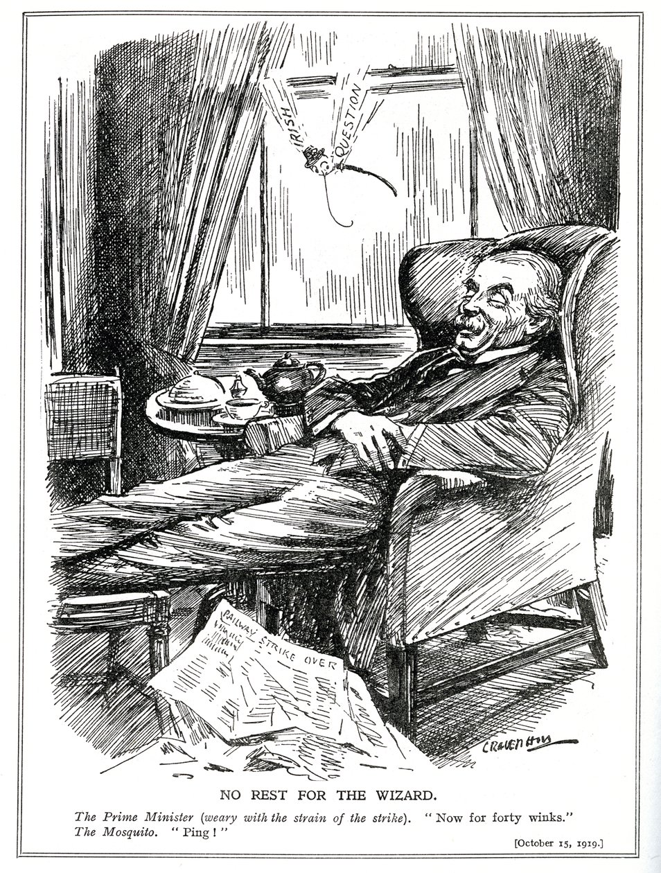 Lloyd George hindras från att vila av de svårigheter som orsakats av industriell oro i Storbritannien och dessutom problemen i Irland, oktober 1919 av Leonard Raven Hill
