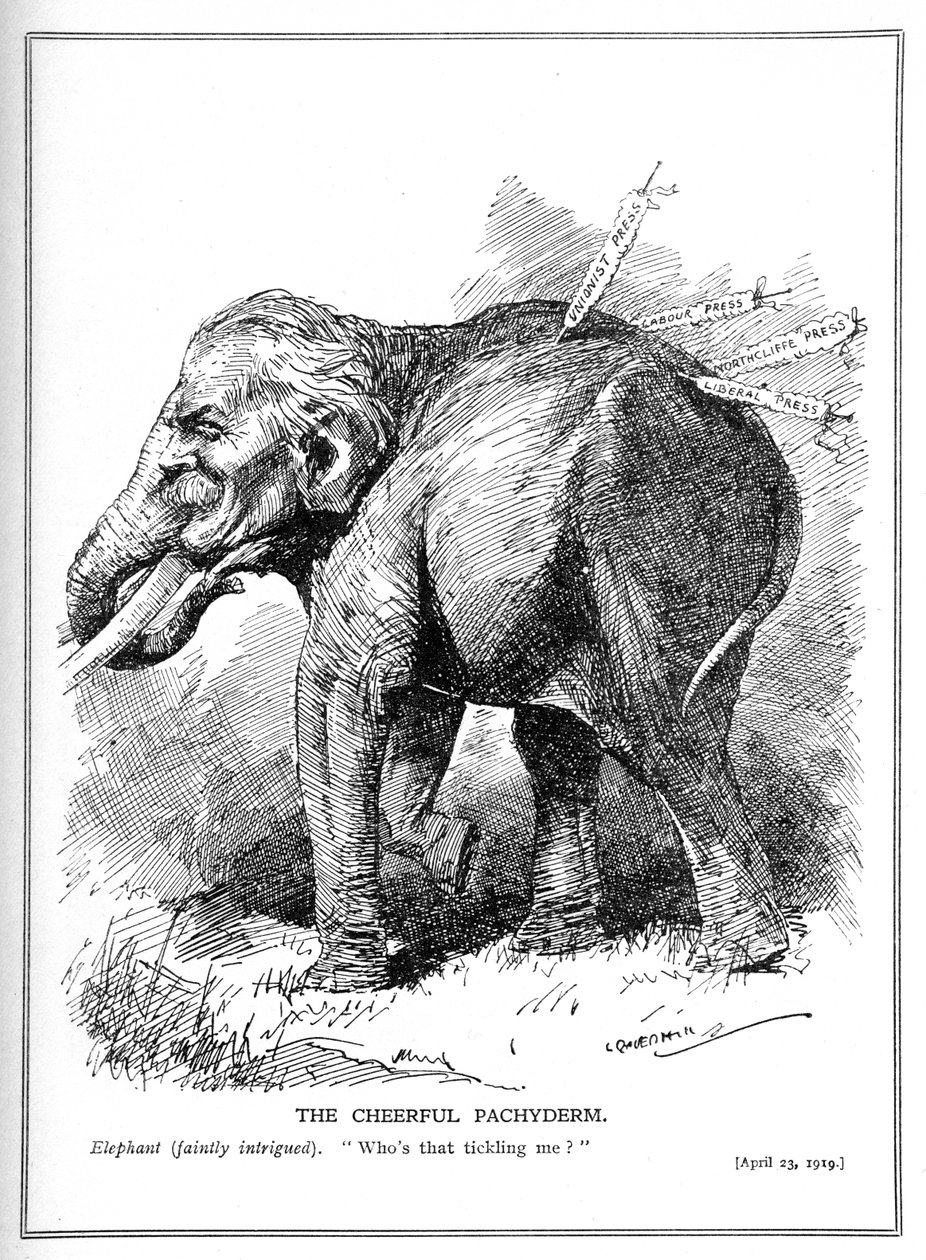 Lloyd George, porträtterad som en elefant, bryr sig inte om pressens kritik, april 1919 av Leonard Raven Hill