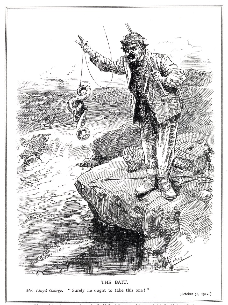 Lloyd George försöker vinna över läkarkåren till godkännande av sin National Insurance Act, 1912 av Leonard Raven Hill