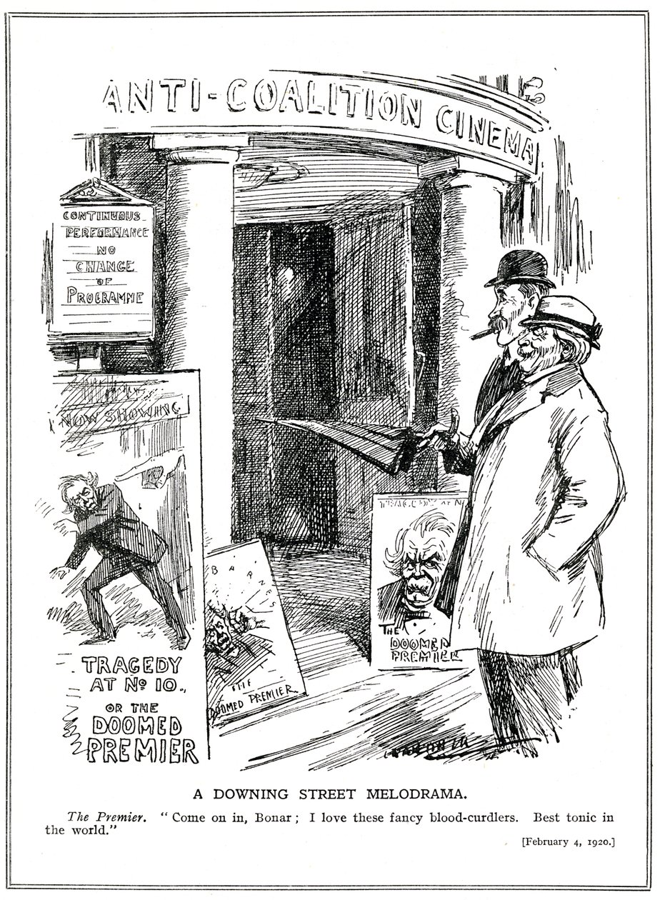 Den liberala premiärministern, Lloyd George, bjuder in sin konservativa kansler, Bonar Law, att besöka "Anti-Coalition"-biografen för att se Tragedy på nr. 10, The Doomed Premier, tecknad film från "Punch" magaz av Leonard Raven Hill