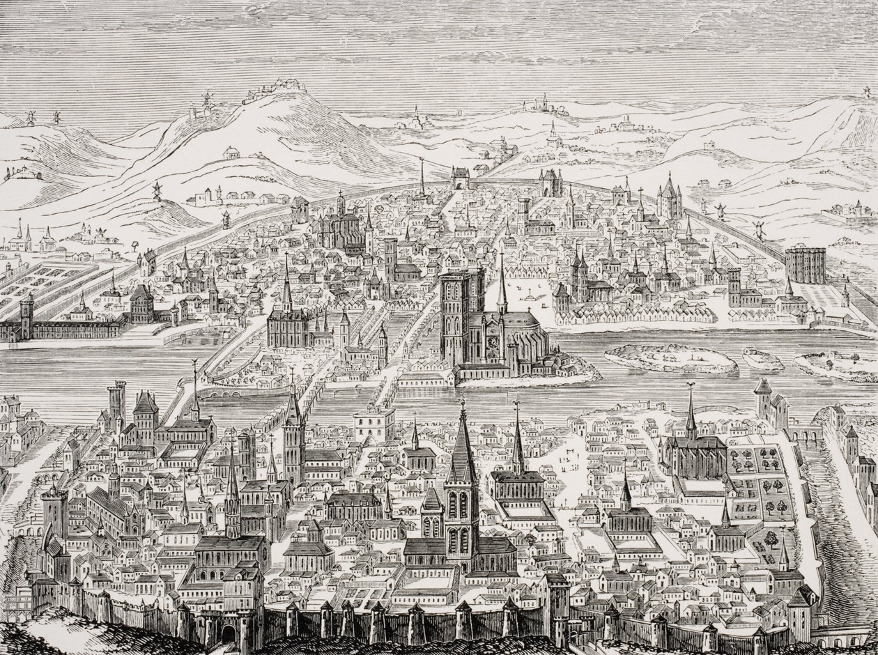 Faksimil av en kopparplatta med perspektivvy över Paris 1607 av Leonard after Gaultier