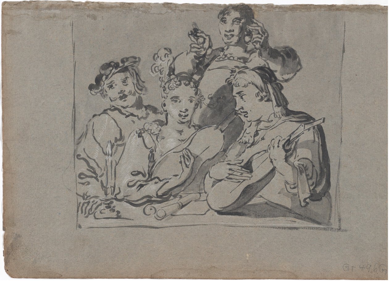 En kvartett av sångare, lutspelare och klockare som spelar i en krog vid levande ljus, 1620-1628. av Leonard Bramer
