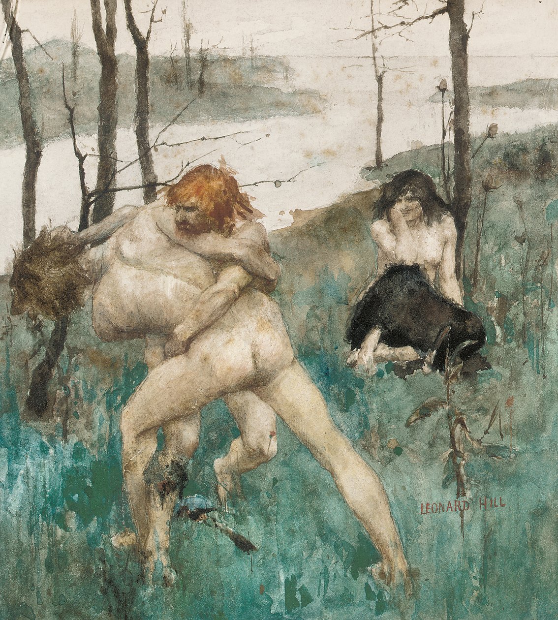Defending her Honor (penna och akvarell på papper) av Leonard Erskine Hill