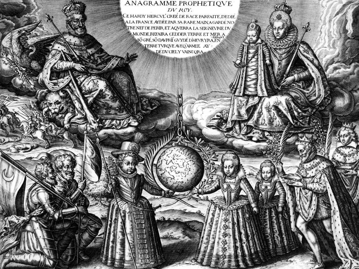 Fransk kungafamilj 1607 (propaganda): Franske kungen Henri IV och hans hustru drottning Marie de Medicis som håller sin dotter Christine ; botten: deras andra barn: den blivande Ludvig XIII, Elisabeth och Henriette-Marie. På r : konungen följt av hans sjuk av Leonard Gaultier