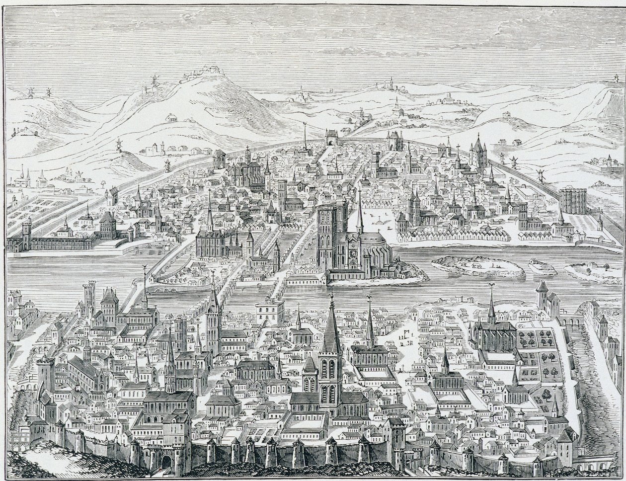 Stor perspektivvy av Paris 1607, baserad på gravyren av Léonard Gaultier. av Leonard Gaultier