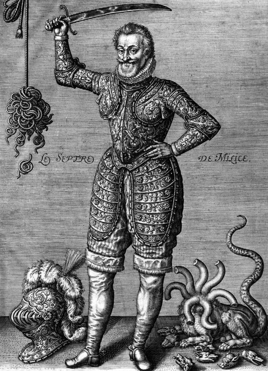 Henri IV (1553-1610) fransk kung 1589-1610, här bärande en rustning, med ett svärd, som rättare av orätt, gravyr av Leonard Gaultier av Leonard Gaultier